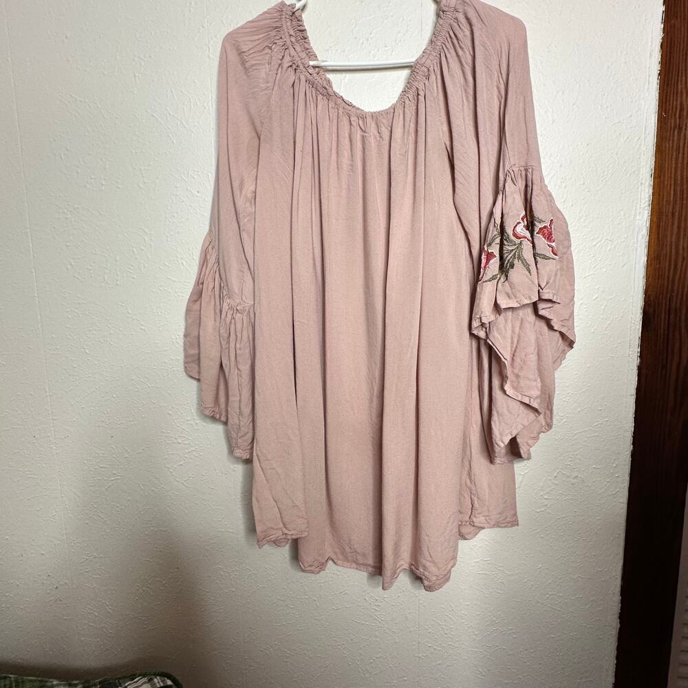 Feathers Blush Pink Embroidered Flair 3/4 Sleeve Boho Hippy Blouse Size XL